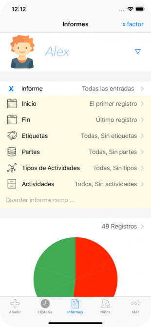 Pantalla filtro de informe