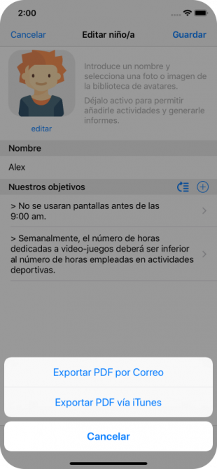 Pantalla Exportar Objetivos PDF