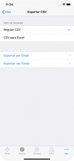 Pantalla Más, Exportar CSV